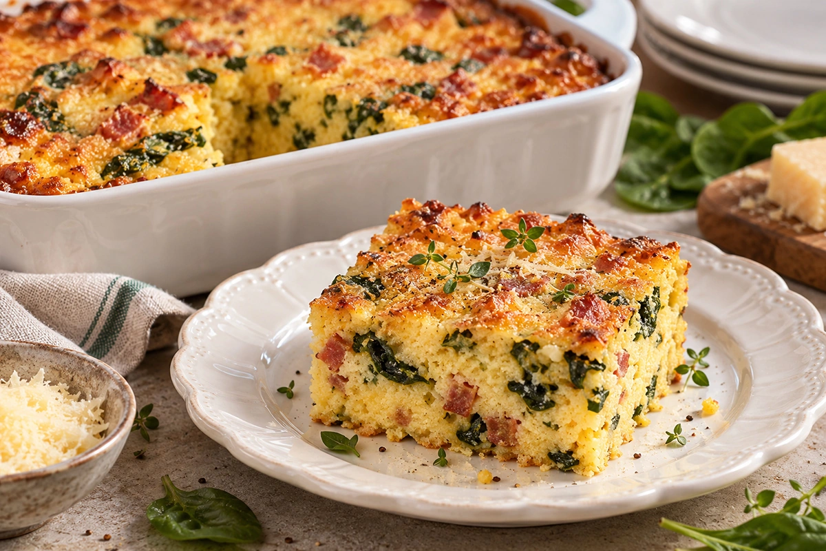 Запеченная кукурузная каша со шпинатом и беконом