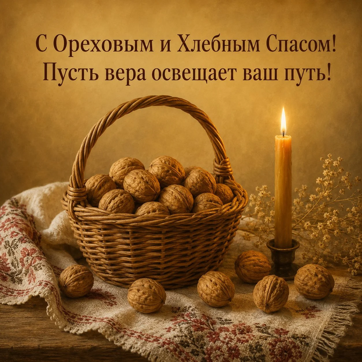 Православная открытка с Ореховым и Хлебным Спасом с храмом на закате