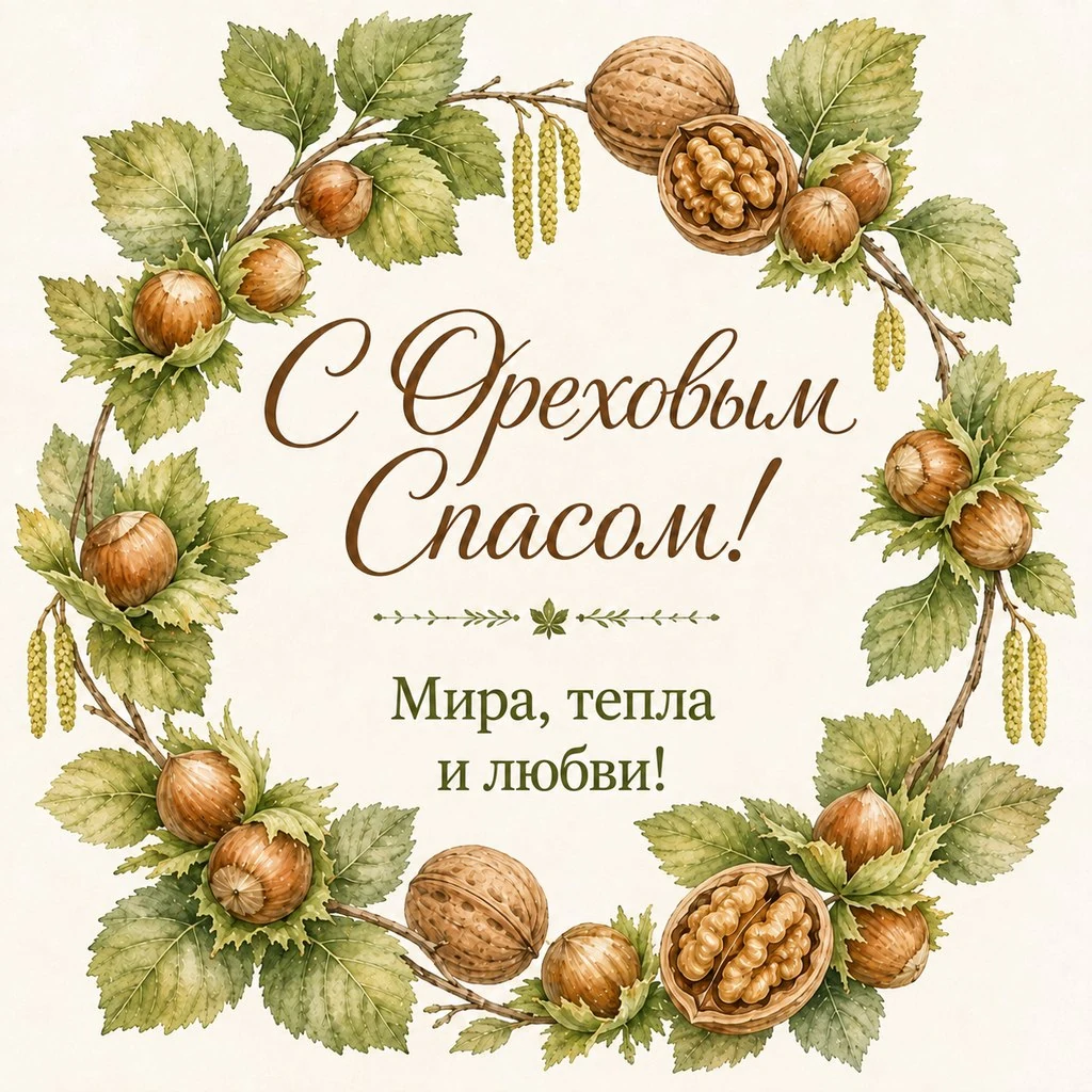 Элегантная открытка с Ореховым Спасом с венком из орехов