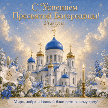 Мерцающая открытка с Успением Пресвятой Богородицы с храмом