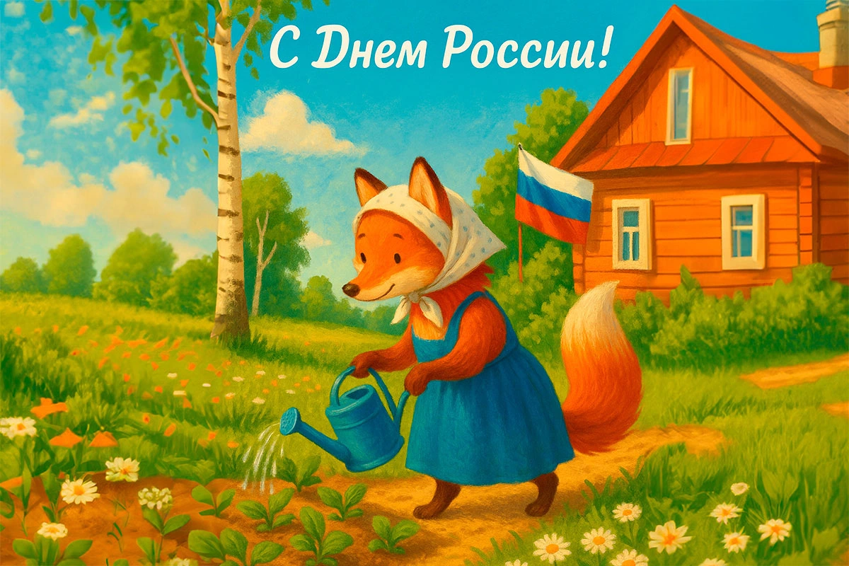 Лисичка поливает огород. Смешная открытка ко Дню России