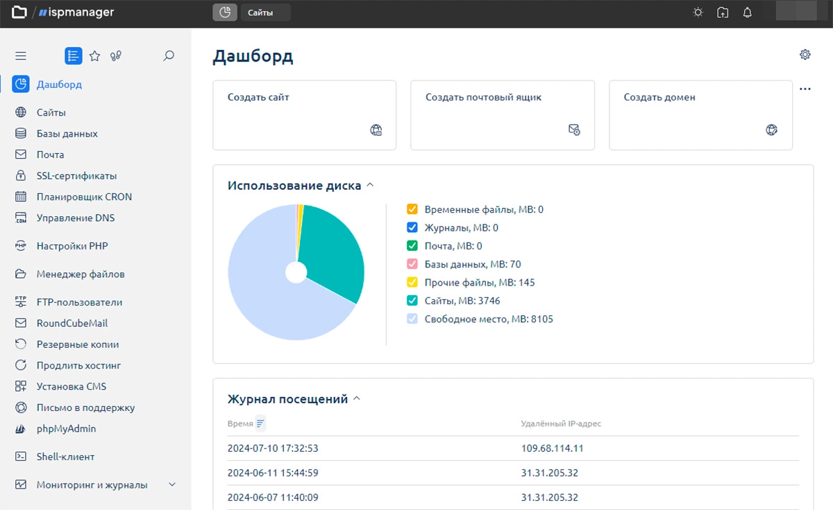 Во все тарифы виртуального хостинга в «Рег.ру» входит панель управления ispmanager — ее также можно протестировать бесплатно