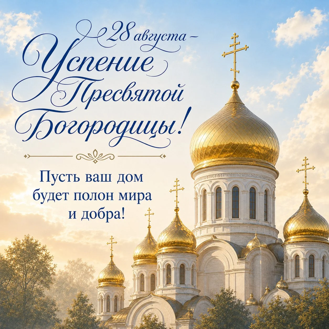 Православная открытка с Успением Пресвятой Богородицы с пожеланием мира и добра в доме