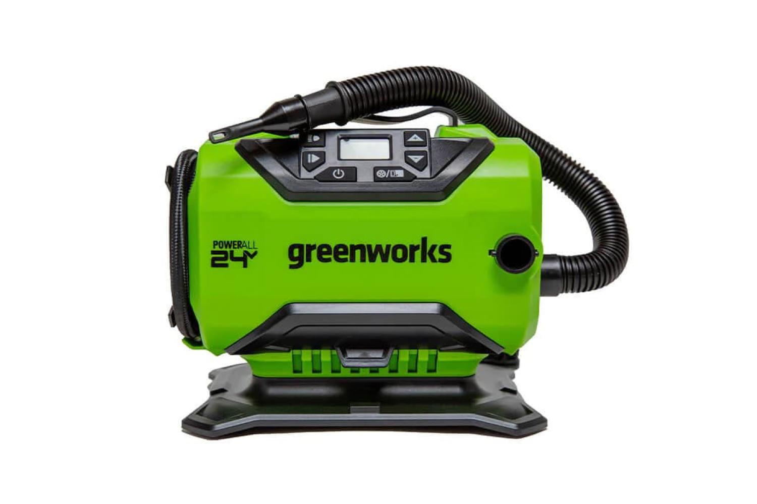 Компрессор автомобильный аккумуляторный Greenworks Арт. 3400807, 24V / 12V,&nbsp;8990 руб. (greenworks-russia.ru)