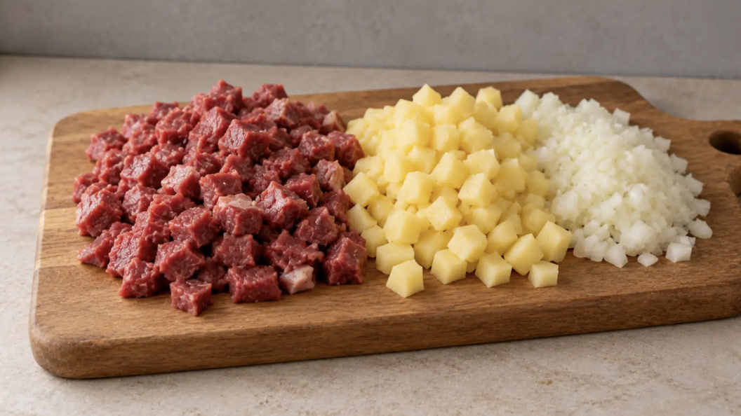 Нарежьте мясо, картофель и лук для начинки