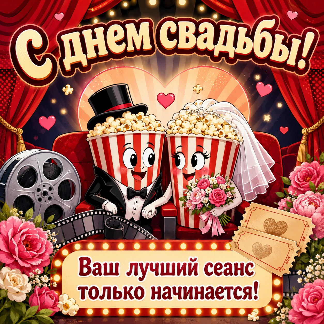 Прикольная открытка с днем свадьбы и надписью «Ваш лучший сеанс только начинается!»