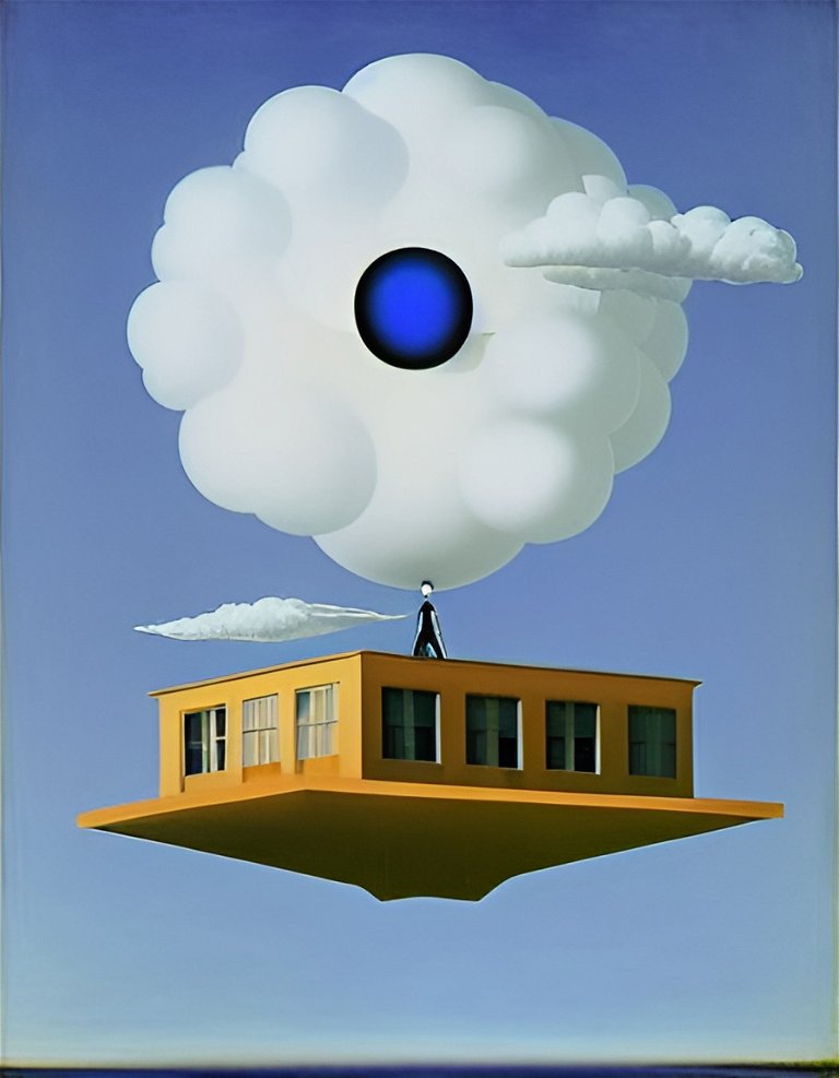 Глаз в небе, белый шар, дрон, НЛО, голубое небо, спутник, сюрреалистическая картина Магритта