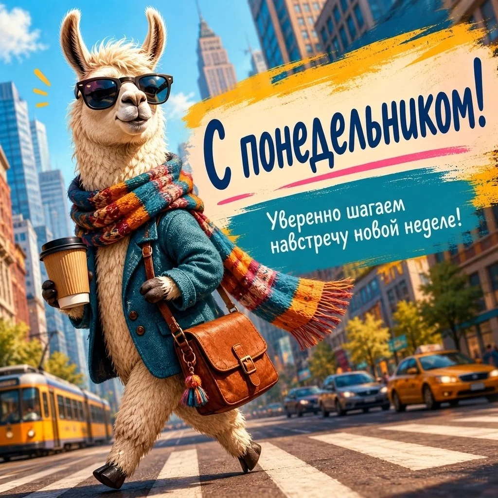 Открытка с ламой и надписью «С понедельником! Уверенно шагаем навстречу новой неделе!»