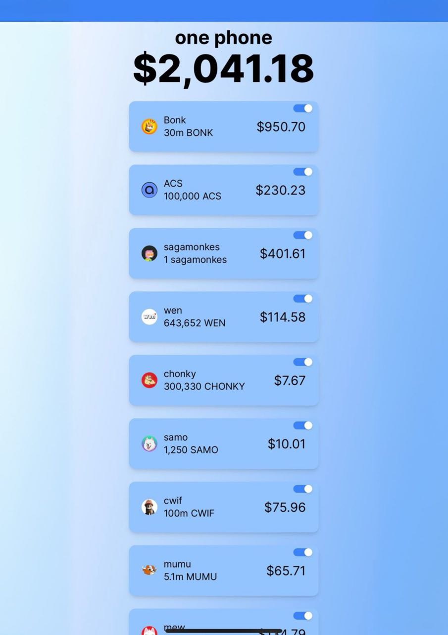 Токены, накопившиеся в криптокошельках&nbsp;Solana Saga. Источник: Fabiano.Solana в Х