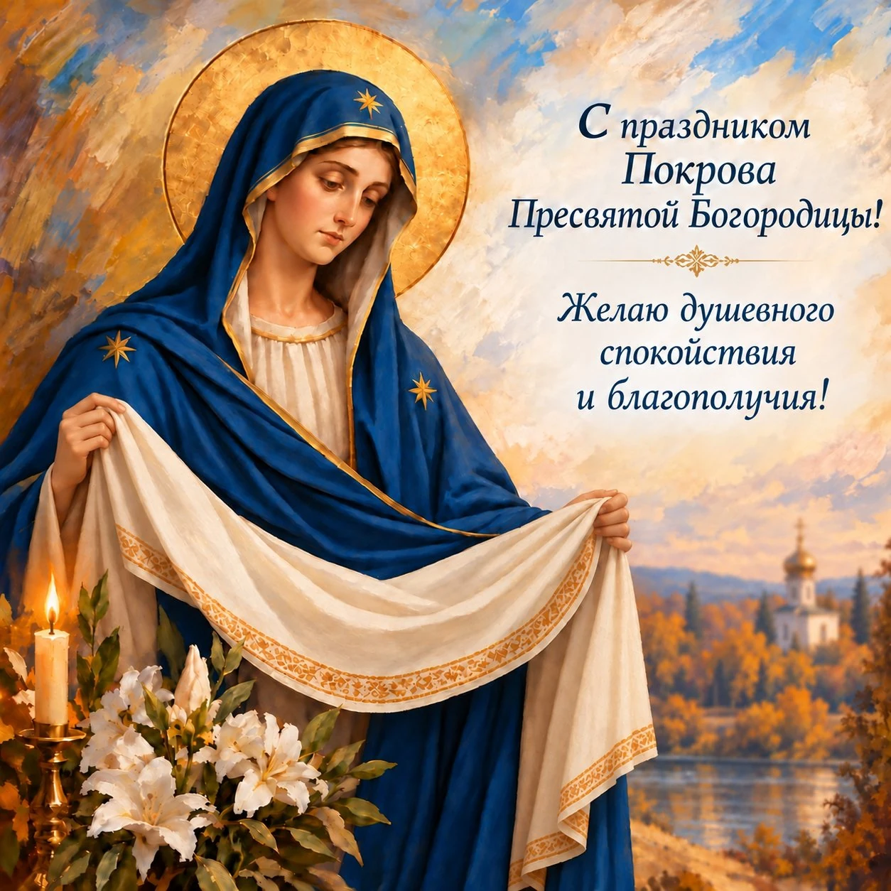 Открытка с Покровом Пресвятой Богородицы и образом Богоматери