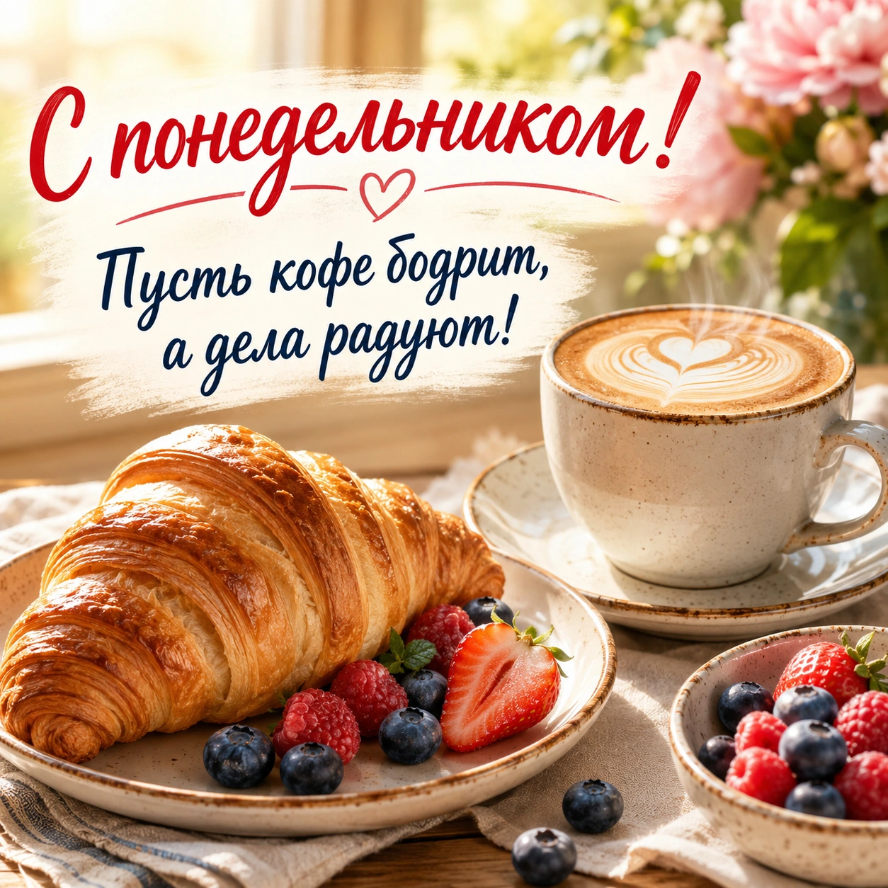 Открытка с надписью «С понедельником! Пусть кофе бодрит, а дела радуют!»