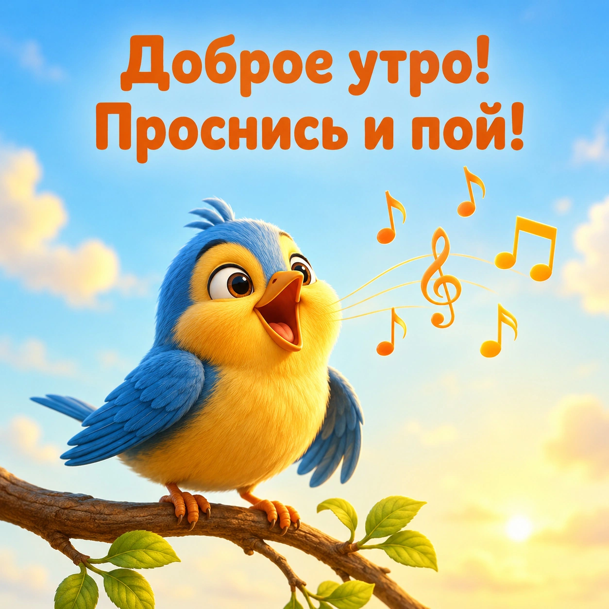 Смешная открытка с надписью «Доброе утро! Проснись и пой!»
