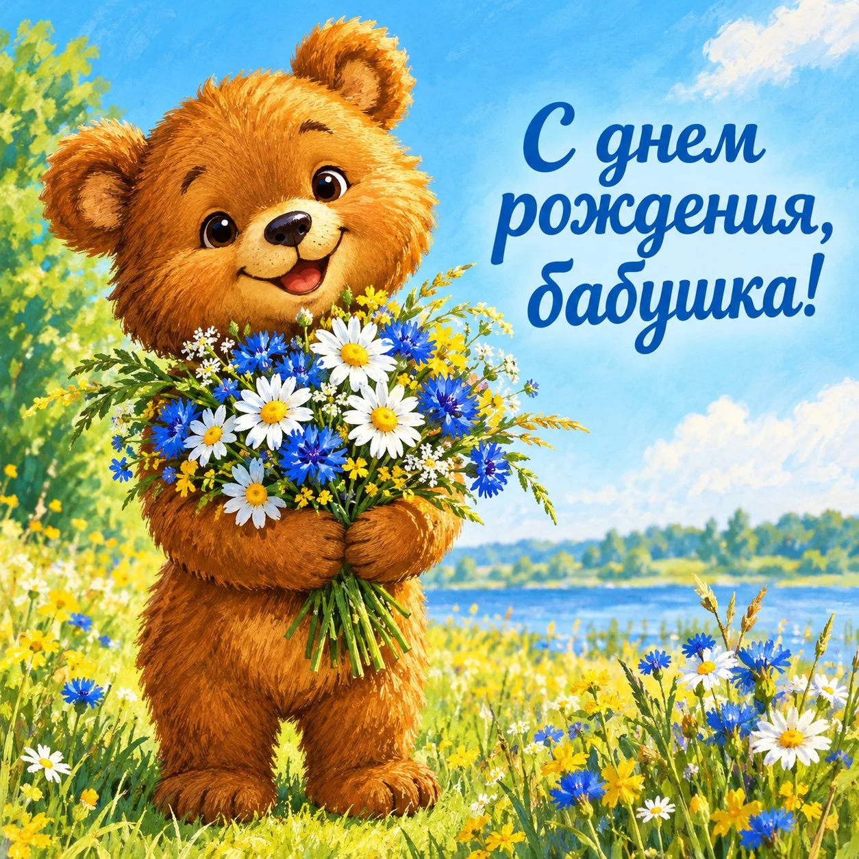 Красивая открытка с днем рождения бабушке с медвежонком