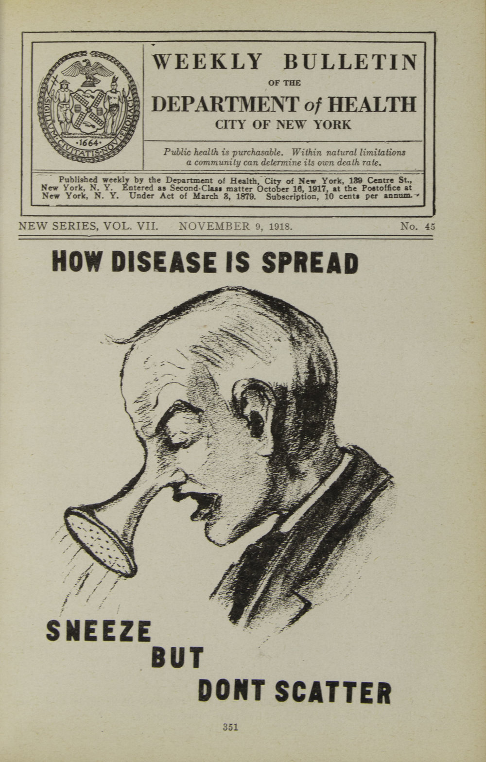 &laquo;Чихай, но не разбрызгивай&raquo;. Обложка еженедельного бюллетеня Департамента здравоохранения Нью-Йорка, 1918 год