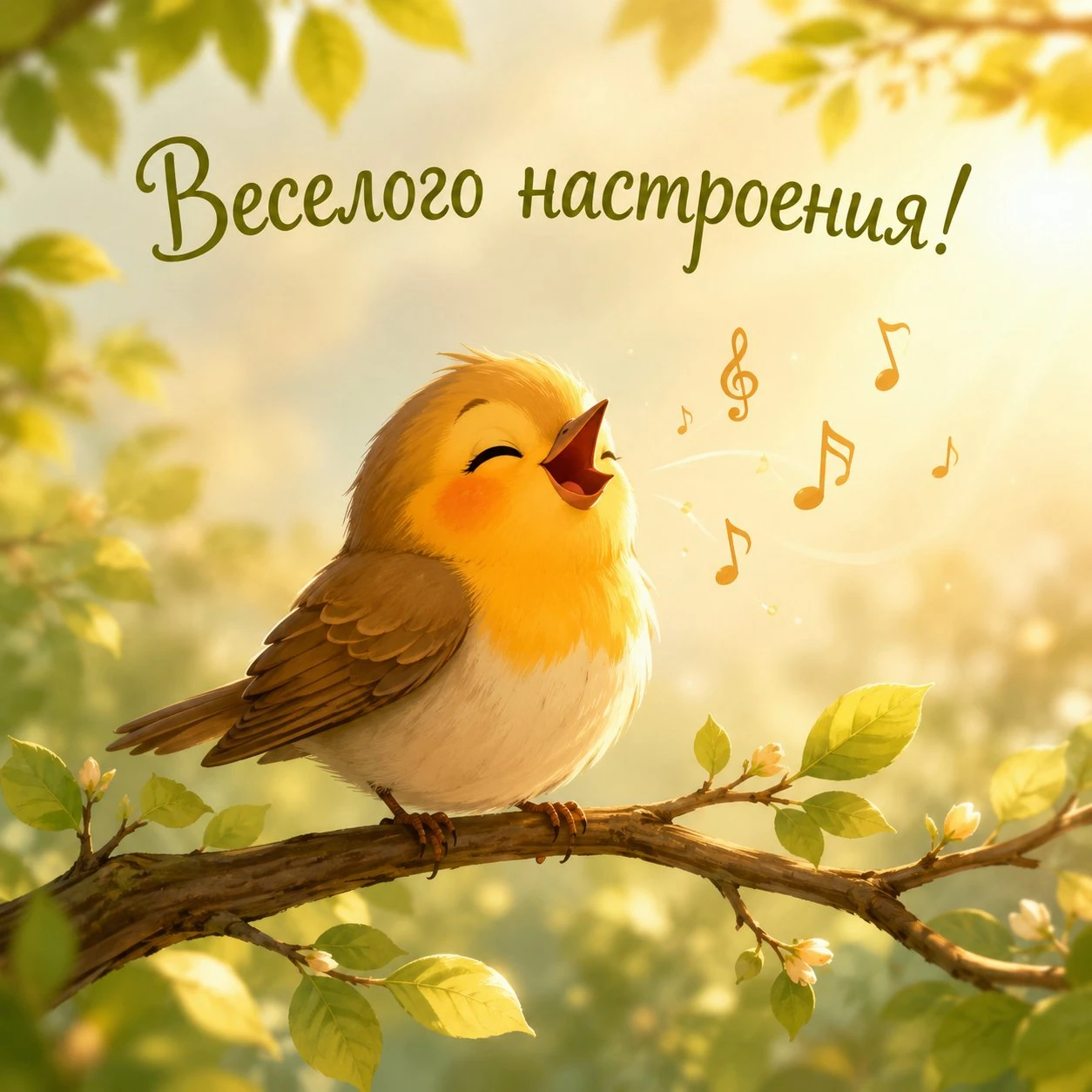 Милая открытка с поющей птицей и пожеланием веселого настроения