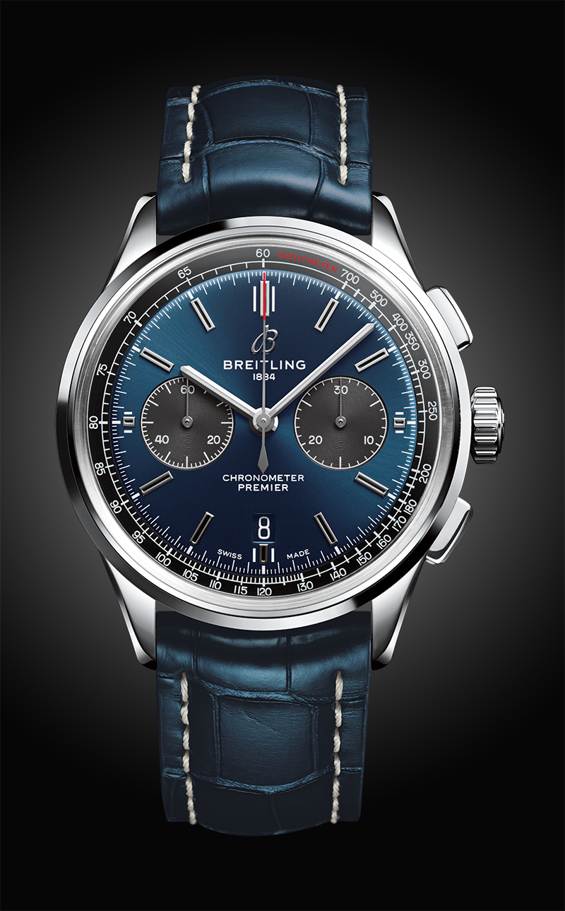 Часы Premier B01 Chronograph 42&nbsp;с синим циферблатом и синим ремешком из кожи аллигатора
