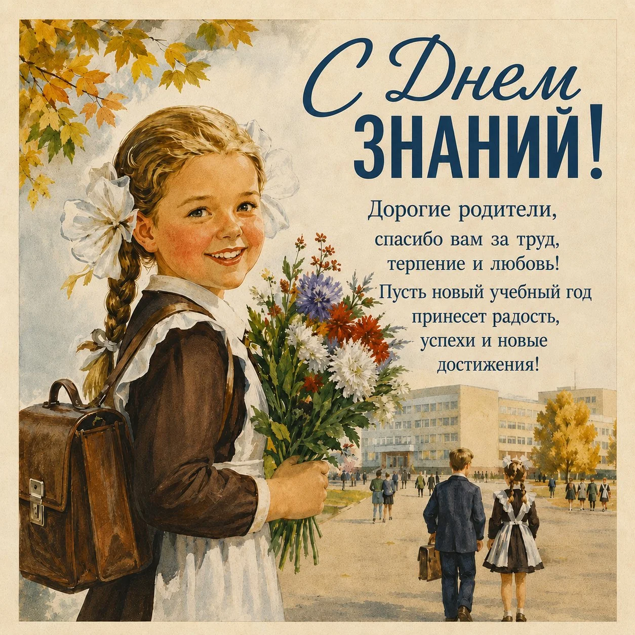 Советская открытка с Днем знаний для родителей с пожеланием радости