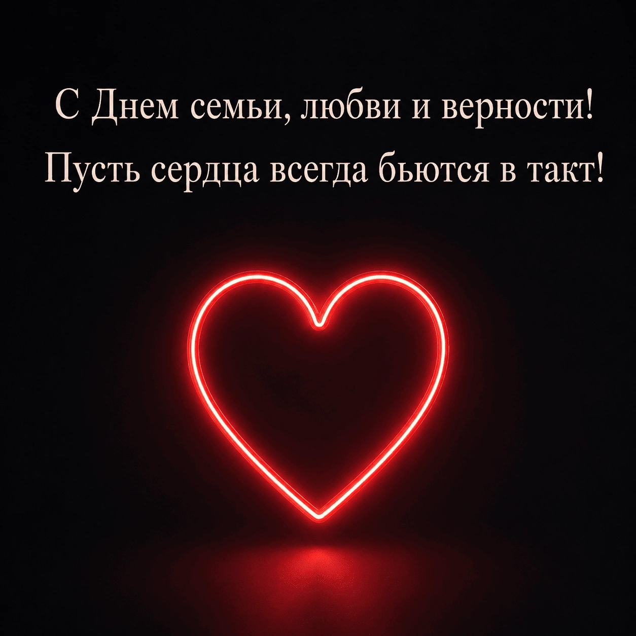 Минималистичная открытка с неоновым сердцем и надписью «С Днем семьи, любви и верности! Пусть сердца всегда бьются в такт!»