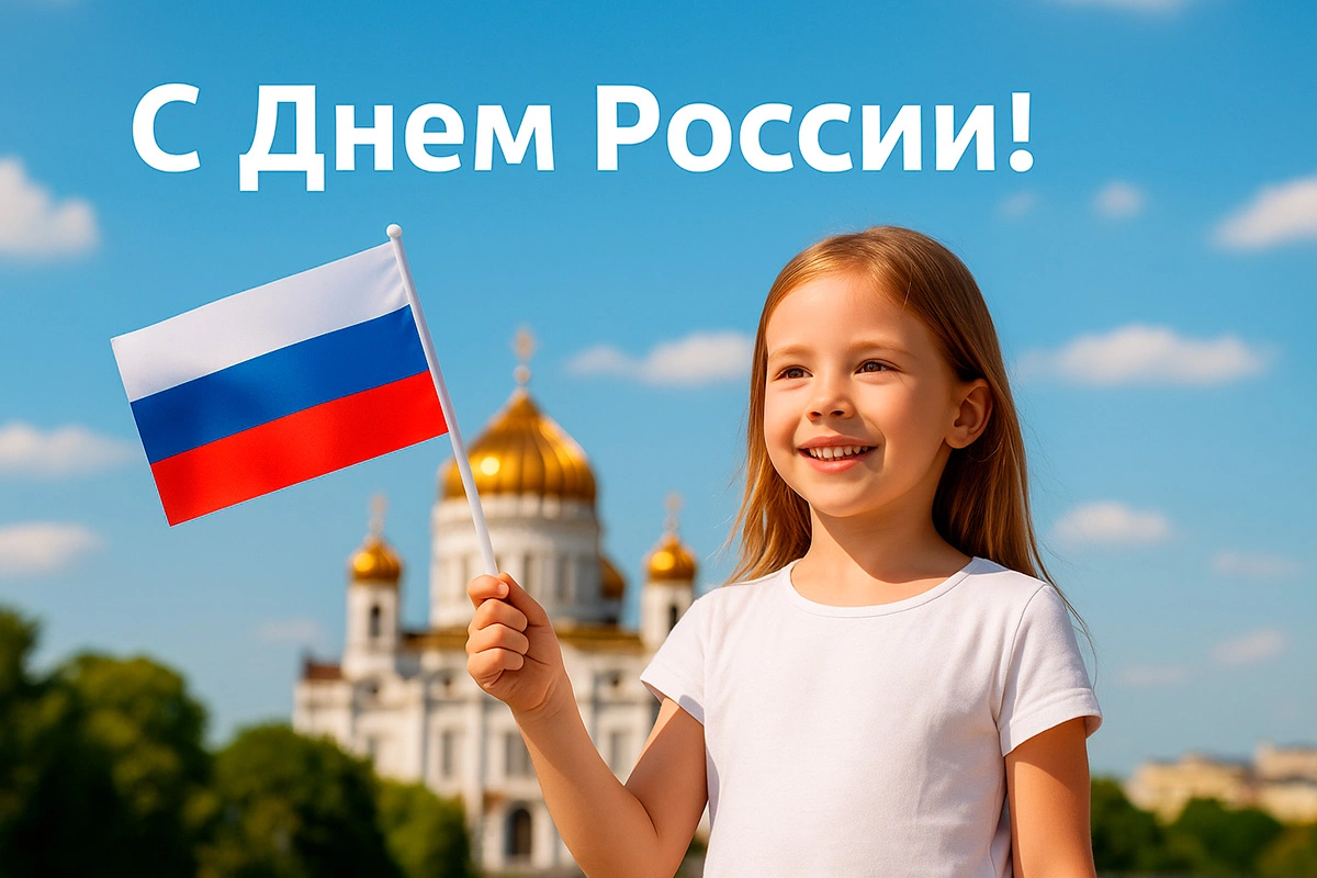 Девочка с флагом России на фоне православной церкви