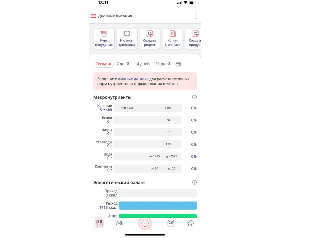 Вкладка &laquo;Дневник питания&raquo; в приложении
