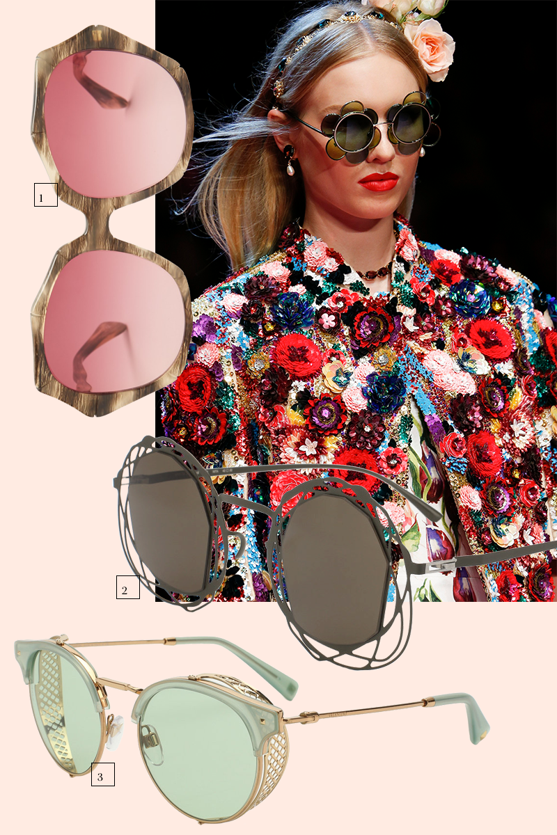 1.&nbsp;Kaleos (Matches Fashion), 11 580 руб.

2.&nbsp;Mykita (ЦУМ), 40 900 руб.

3.&nbsp;Valentino (Кутузовский проспект, 31),&nbsp;22 300 руб.&nbsp;

Модель с показа&nbsp;Dolce &amp; Gabbana&nbsp;
