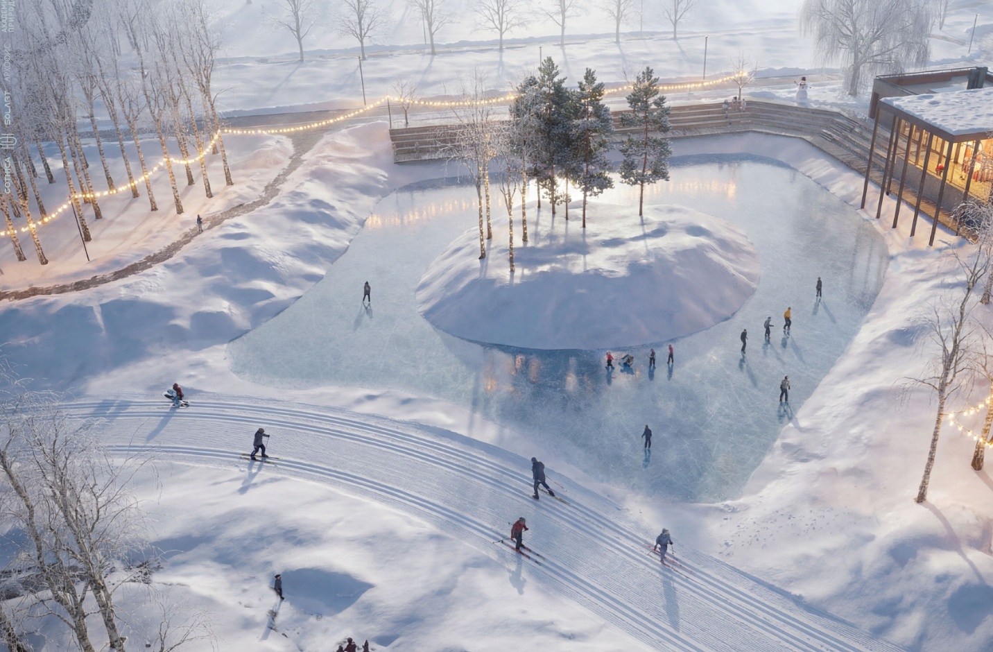 Для привлечения посетителей в холодное время года искусственный водоем у визит-центра можно превращать в каток для массового катания, а канал – в лыжную трассу (длина круга – 1 км). 