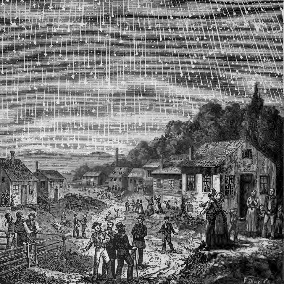 Гравюра Адольфа Фольми с изображением метеорного шторма Леониды 1833 года