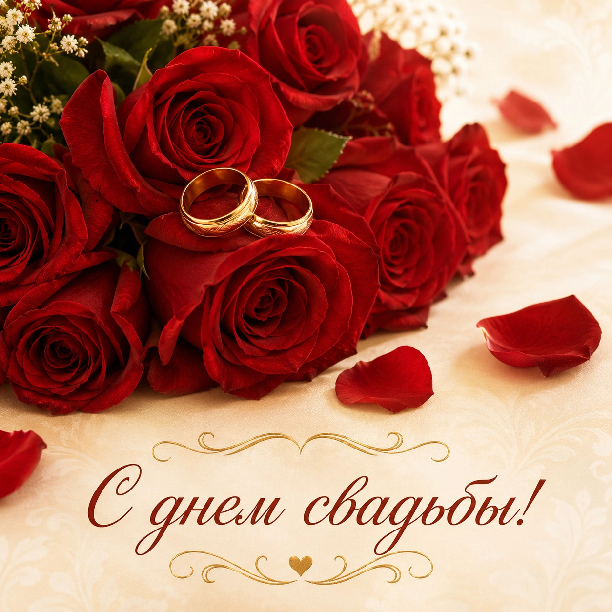 Нежная открытка с букетом алых роз и надписью «С днем свадьбы!»