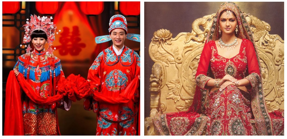 В 2013 году ученые решили узнать, может ли цвет влиять на привлекательность человека. Выяснилось, что и мужчины, и женщины одетые в красное, значительно чаще привлекают внимание, чем одетые в любой другой цвет. Многие традиционные культуры в качестве свадебных нарядов используют именно красный [23]. На фото слева &mdash; китайские традиционные свадебные костюмы, справа &mdash; индийское свадебное сари.