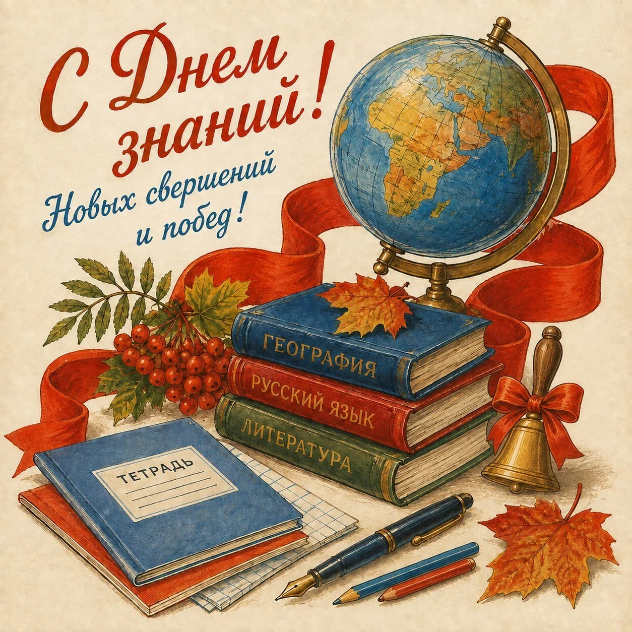 Советская открытка с Днем знаний ученикам с пожеланием новых побед