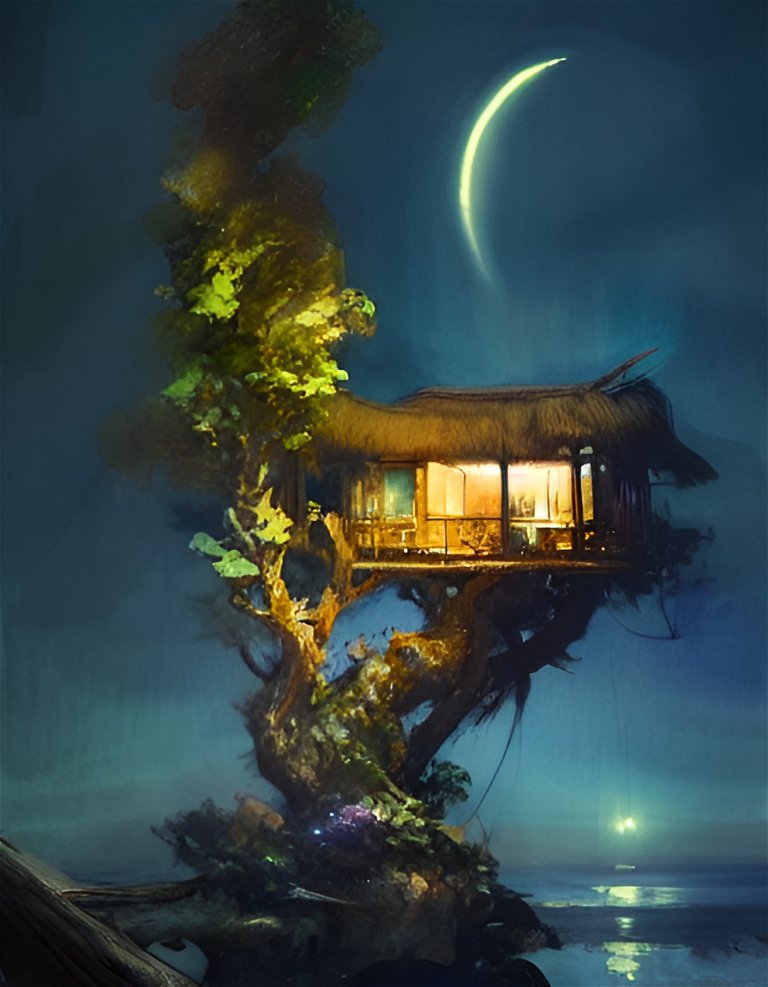 Домик на дереве на острове над морем ночью, потрясающая композиция, чрезвычайно детализированная картина, сложная композиция, очень-очень подробная, красиво освещенная