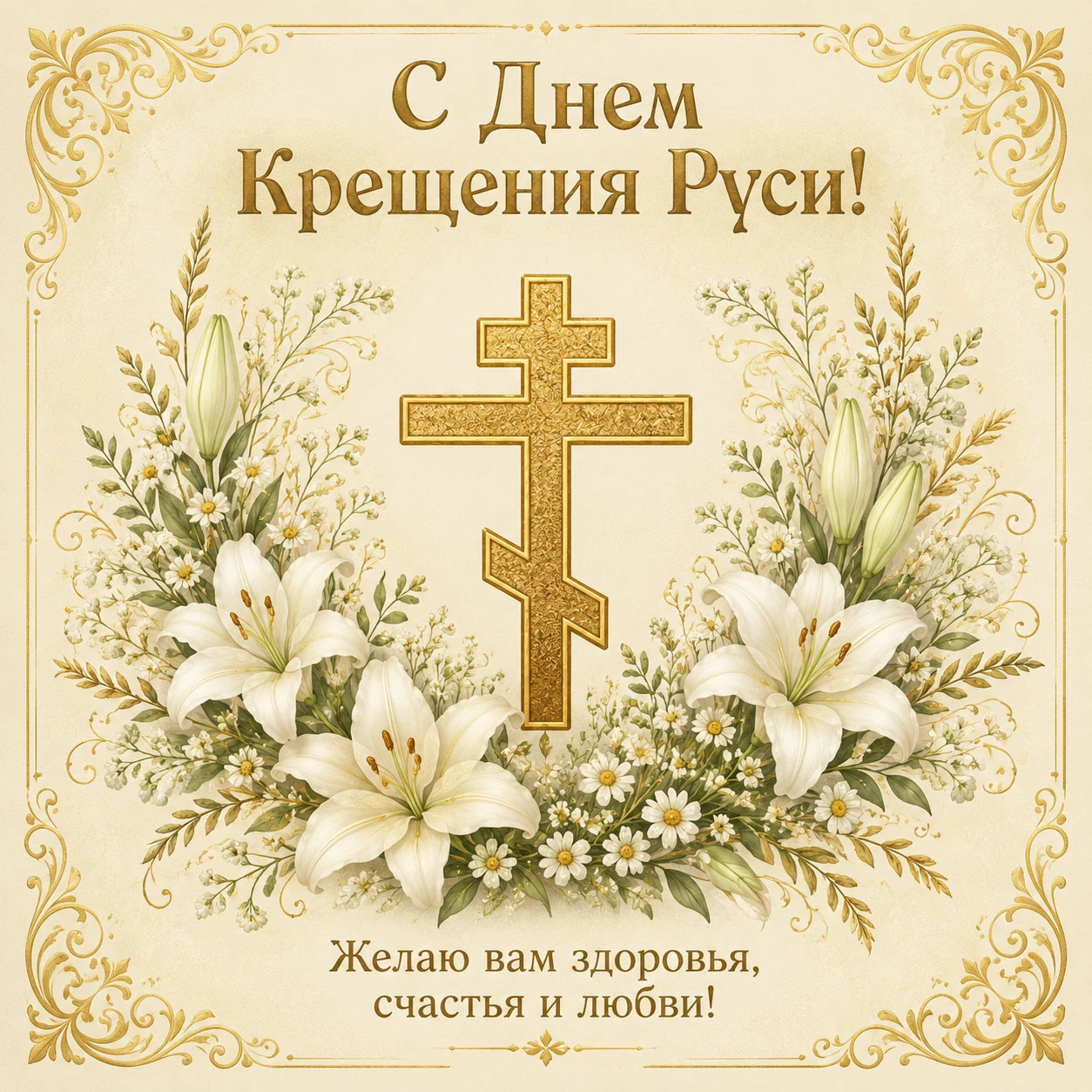 Открытка ко Дню Крещения Руси с пожеланием здоровья, счастья и любви