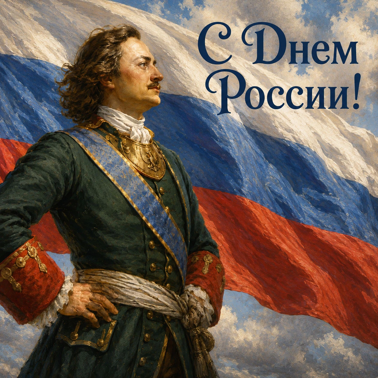 Петр I на фоне флага и надпись «С Днем России!»