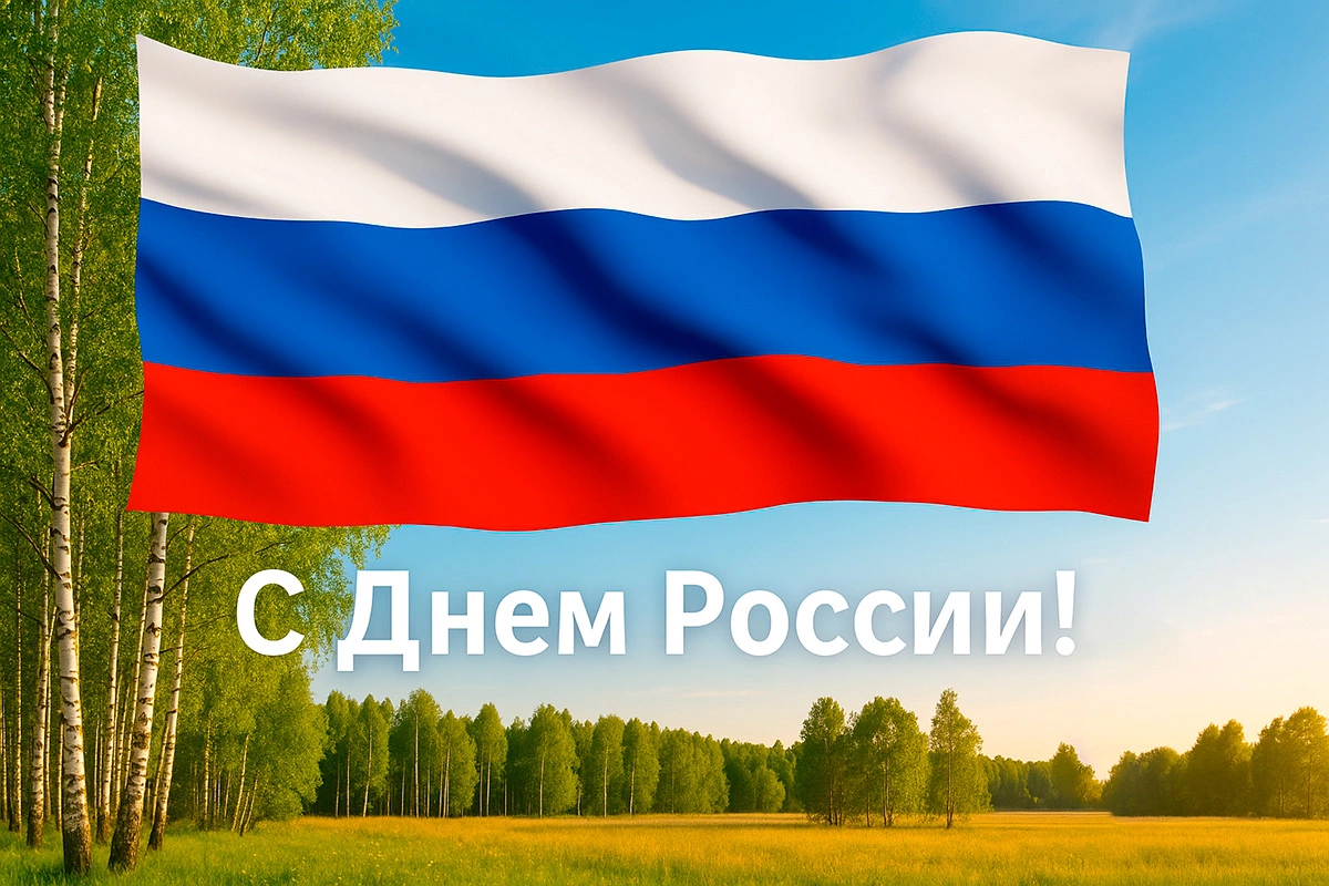 Открытка с изображением березовой рощи и флага России