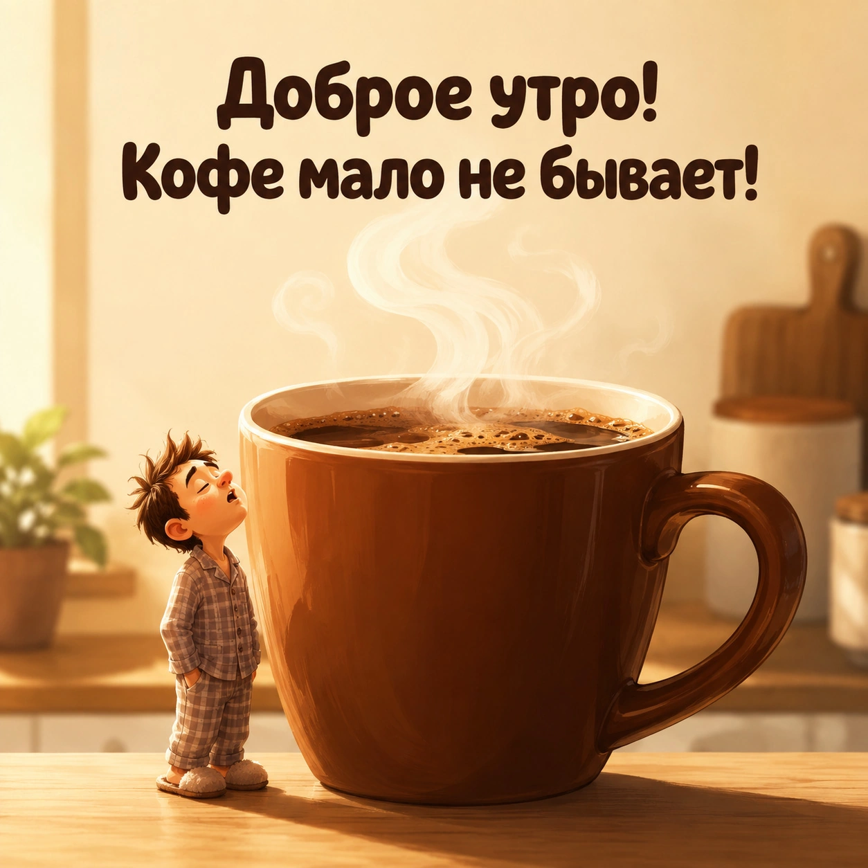 Прикольная открытка с добрым утром с надписью «Кофе мало не бывает!»