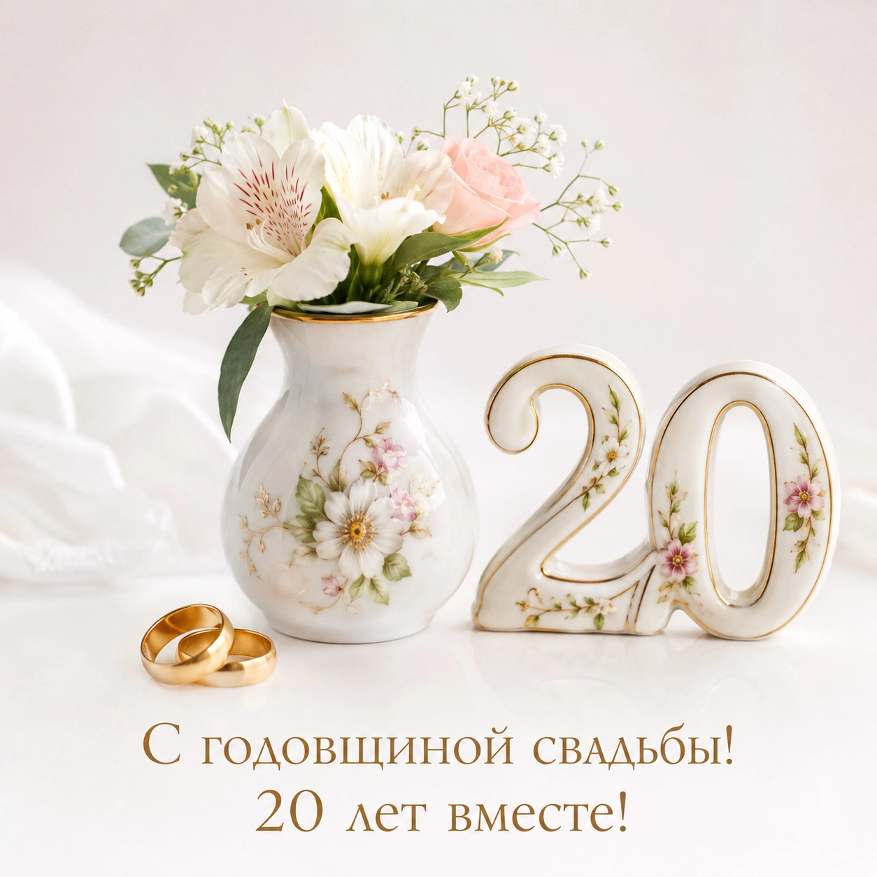 Нежная открытка с надписью «С годовщиной свадьбы! 20 лет вместе!»