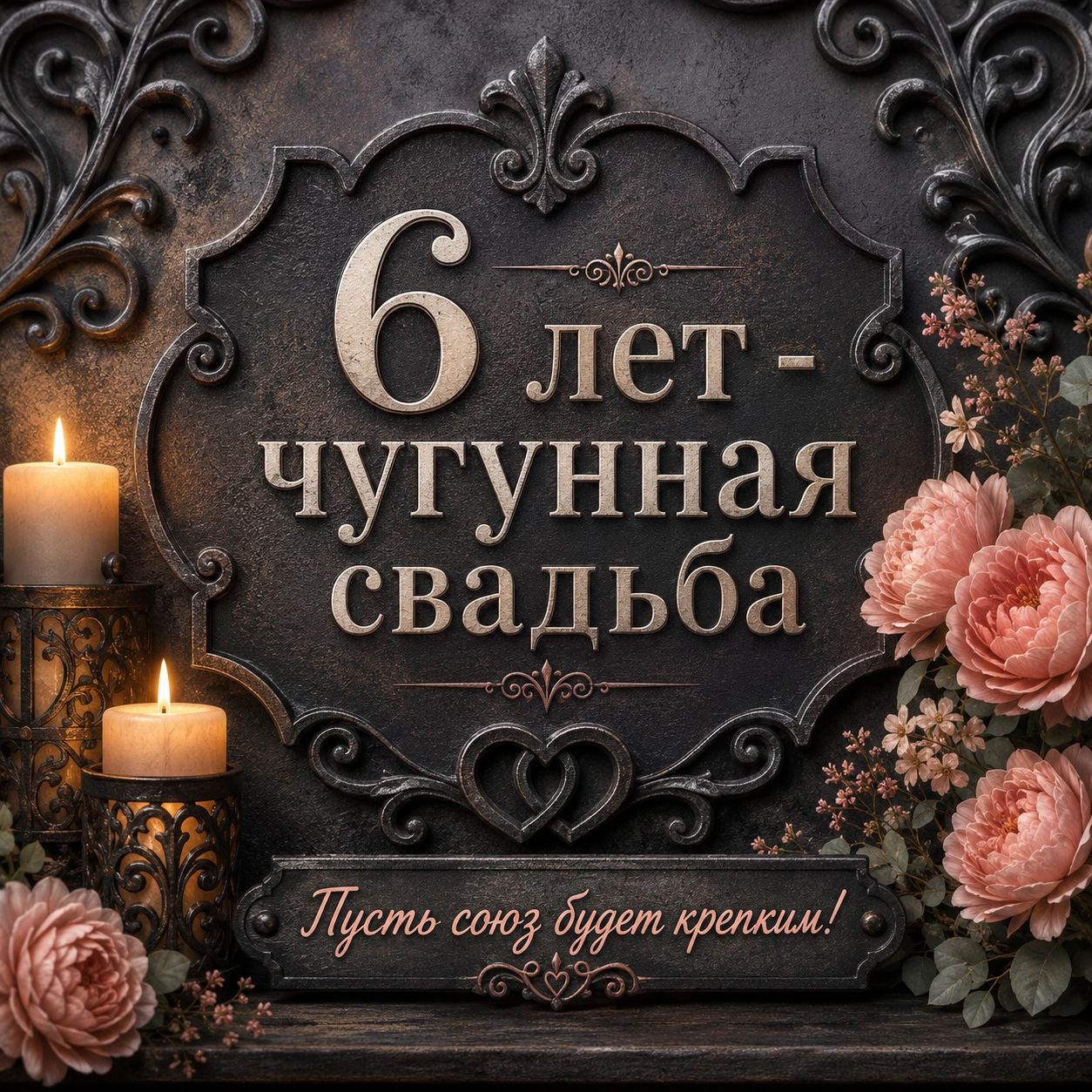 Открытка с чугунной свадьбой и пожеланием «Пусть союз будет крепким!»