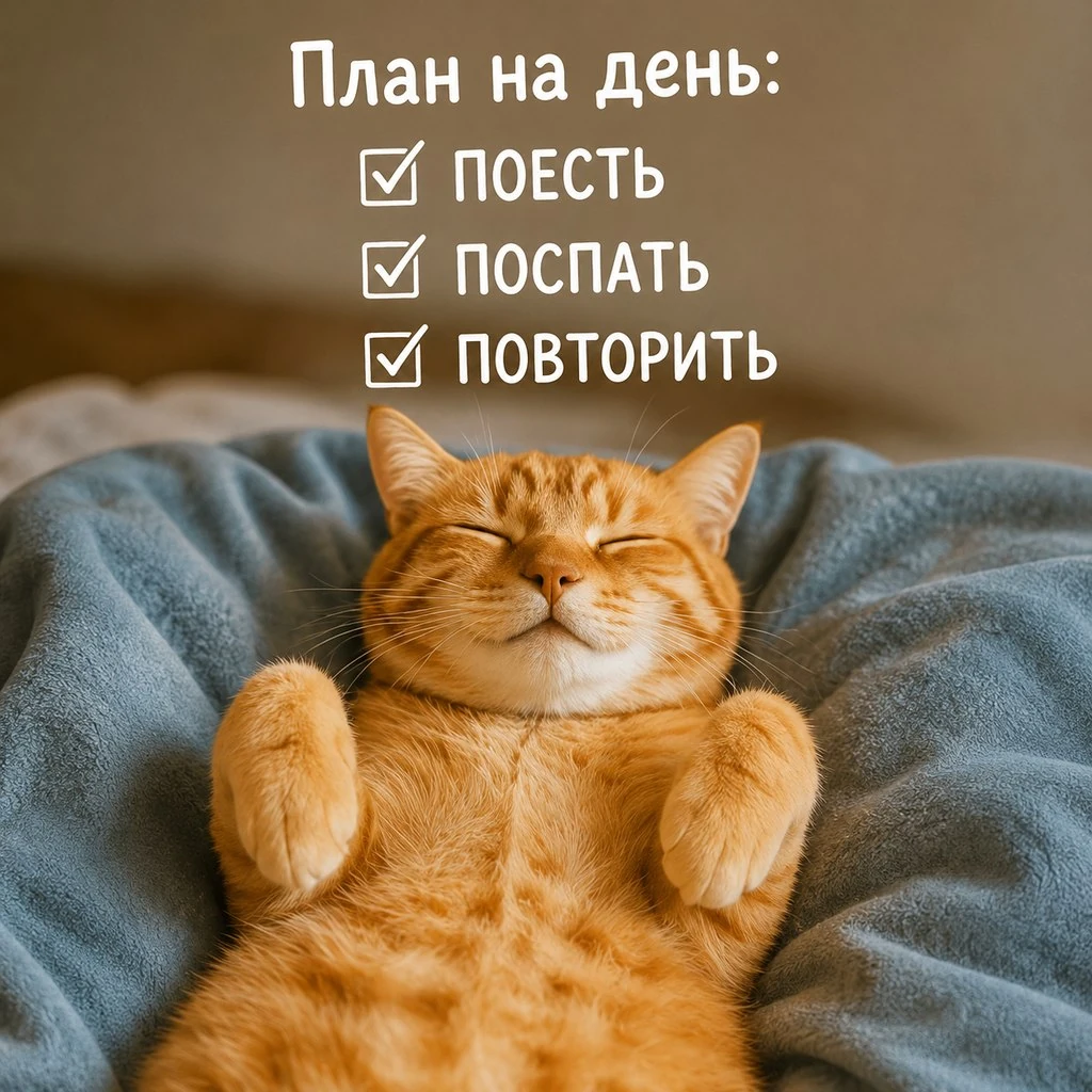 Смешная открытка для поднятия настроения с котом и планом на день