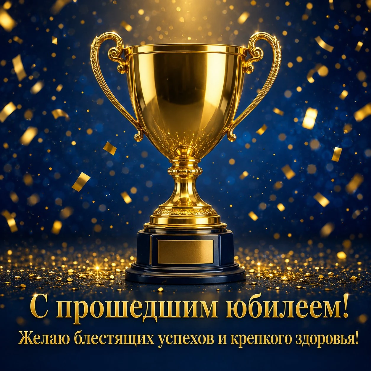 Красивая открытка с прошедшим юбилеем с золотым кубком