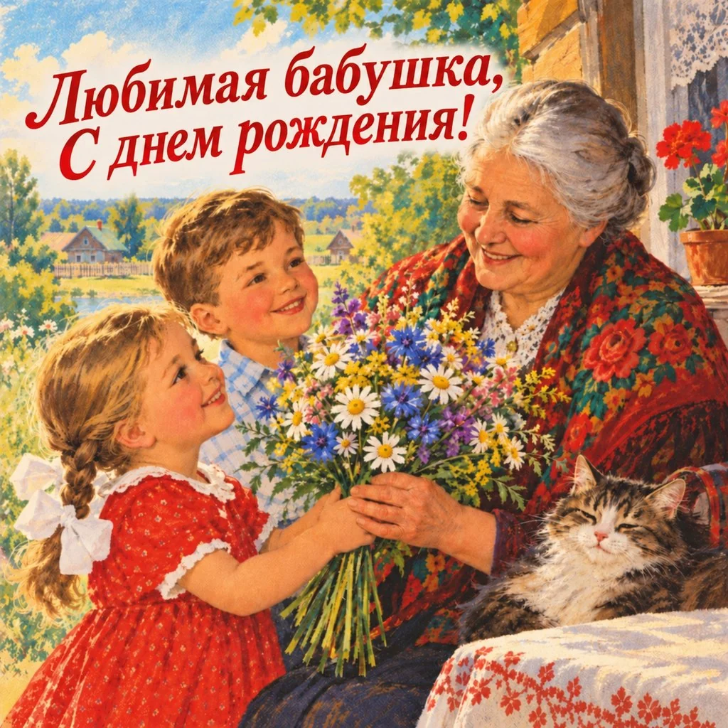 Красивая советская открытка с днем рождения бабушке от внуков