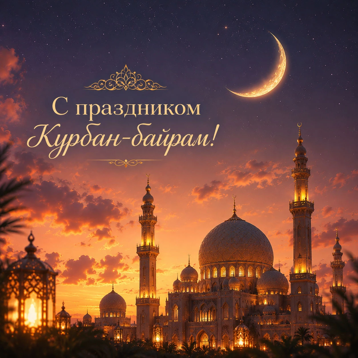 Вечерняя открытка с Курбан-байрамом с полумесяцем, фонарями и восточной архитектурой