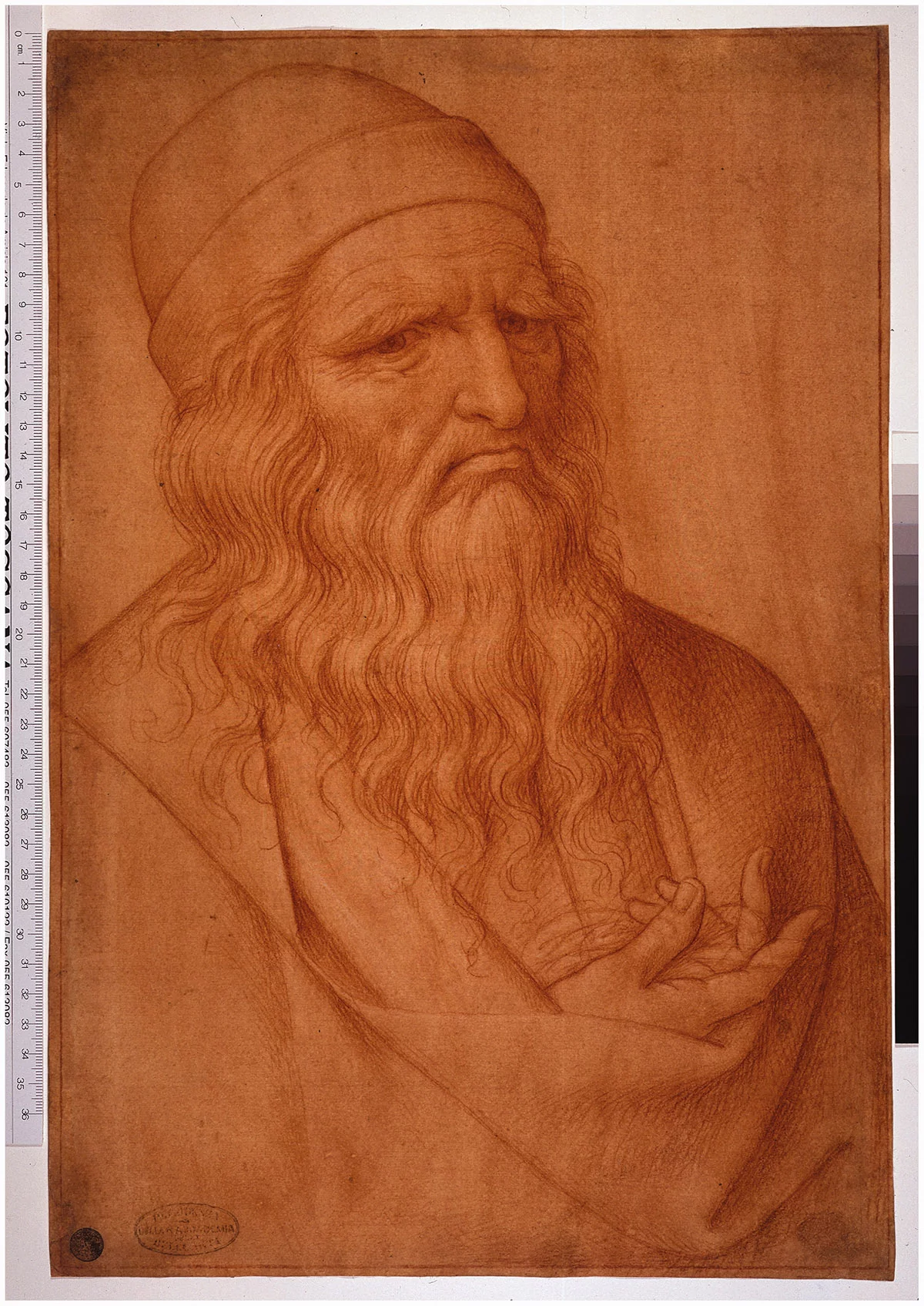 <p>Портрет Леонардо да Винчи, дата неизвестна (XVI век), Джованни Амброджо Фигино, рисунок красным мелом или сангиной, 41,6&thinsp;&times;&thinsp;28,2&thinsp;см (16,3&thinsp;&times;&thinsp;11,1 дюйма)</p>