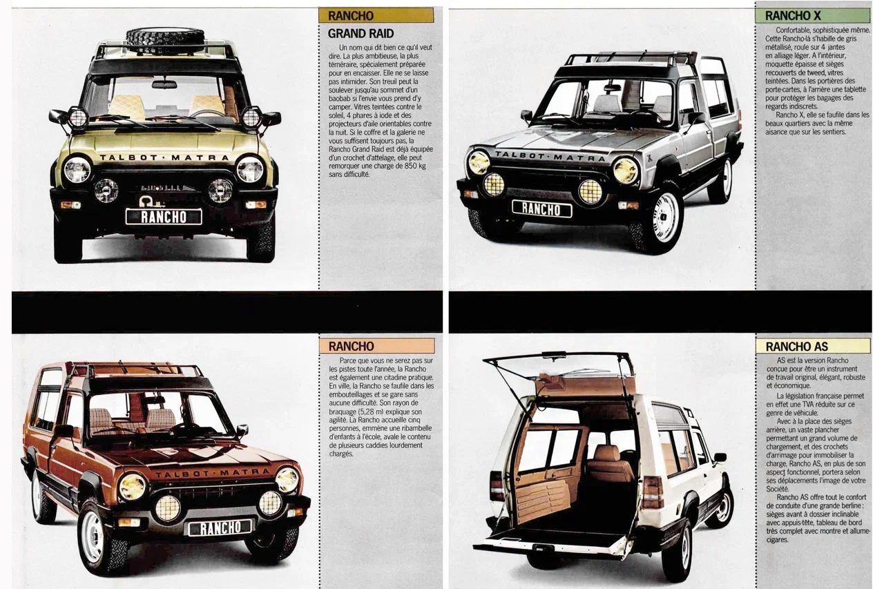 Квартет версий 1980 года. Grand Raid — с дополнительными фарами, второй запаской, лебедкой, стальной нижней защитой и дифференциалом повышенного трения; X — с литыми дисками и престижной отделкой; AS — коммерческий, без дивана