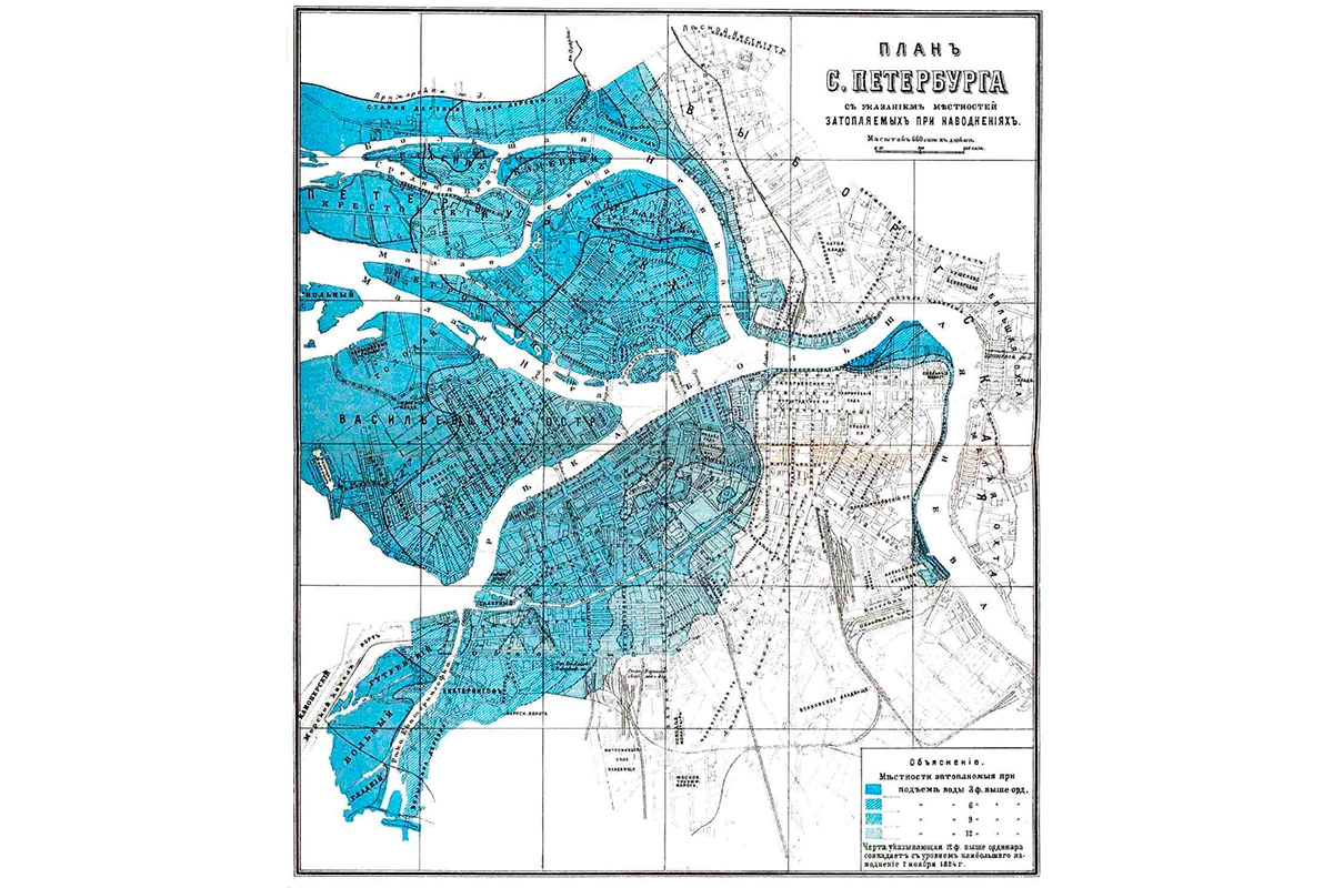 Затапливаемые во время наводнения части Санкт-Петербурга, темные оттенки синего соответствуют высоте воды 3, 6 и 9 футов выше ординара