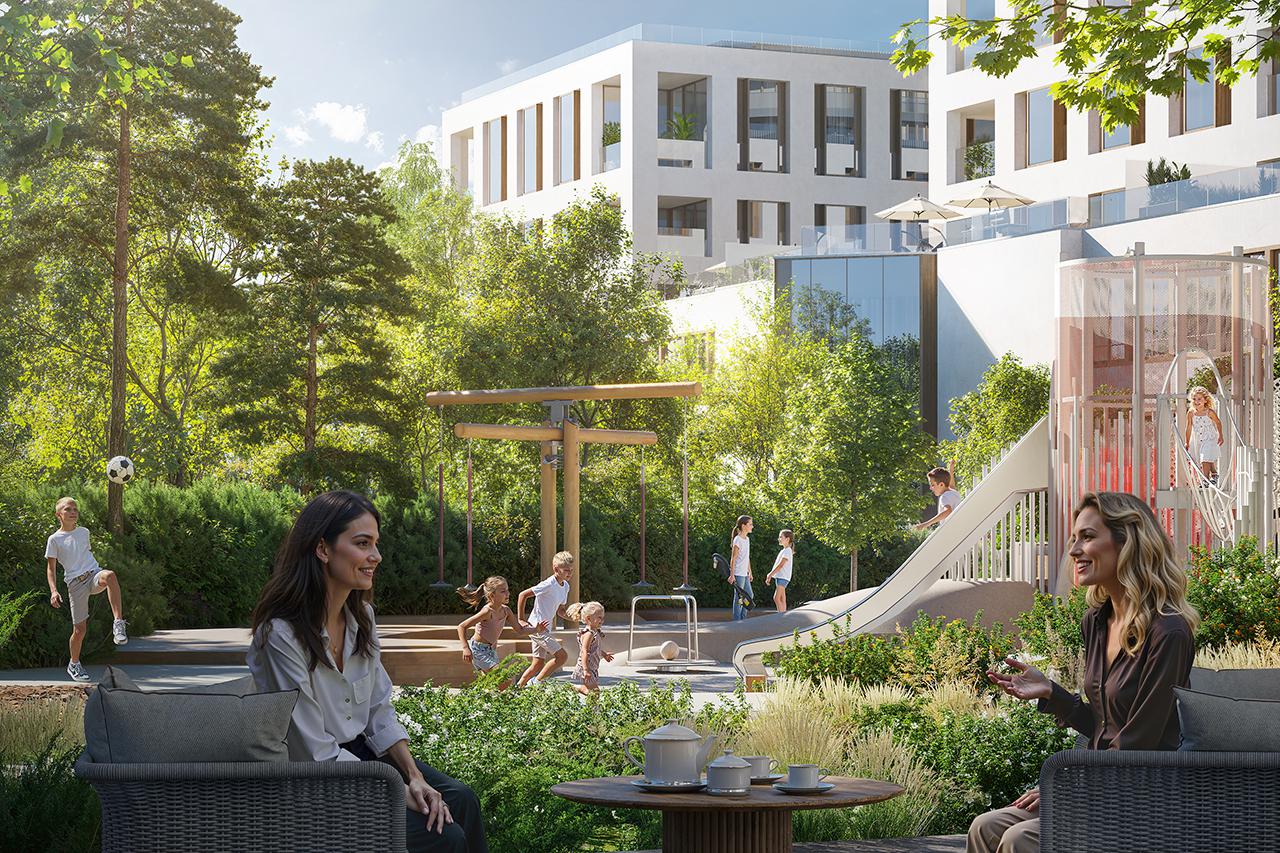 В клубном квартале «Фрунзенская набережная» есть свой парк площадью 3,1 га с детскими и спортивными площадками, 25-метровый бассейн со спа-пространством и залами для тренировок