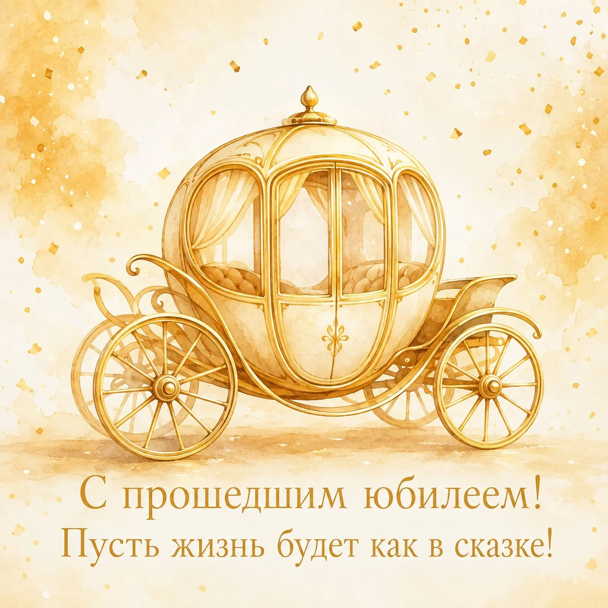 Открытка с прошедшим юбилеем с золотой каретой