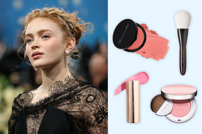 Слева: Сэди Синк. Справа: Кремовые румяна Sexy Cream Blusher, оттенок Good girl, Romanovamakeup, 3700 руб. (romanovamakeup.com); Кисть Signum Bronze с ворсом белоснежной козы ручка из з эбенового дерева, Annbeauty, 16 900 руб. (annbeautystore.ru); Кремовые румяна, оттенок Lychee, Rink, 4900 руб. (rinkbeauty.com); Компактные румяна для лица, оттенок  01 cheeky baby, Clarins, 3145 руб. (Рив Гош)