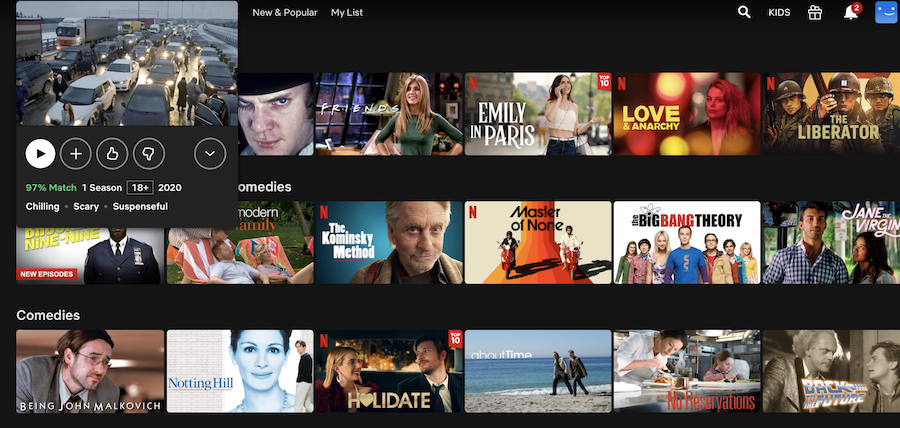 Так выглядит подборка рекомендаций на Netflix: &laquo;% совпадения&raquo;&nbsp;&mdash; это показатель того, насколько фильм вам подходит, по мнению алгоритма
