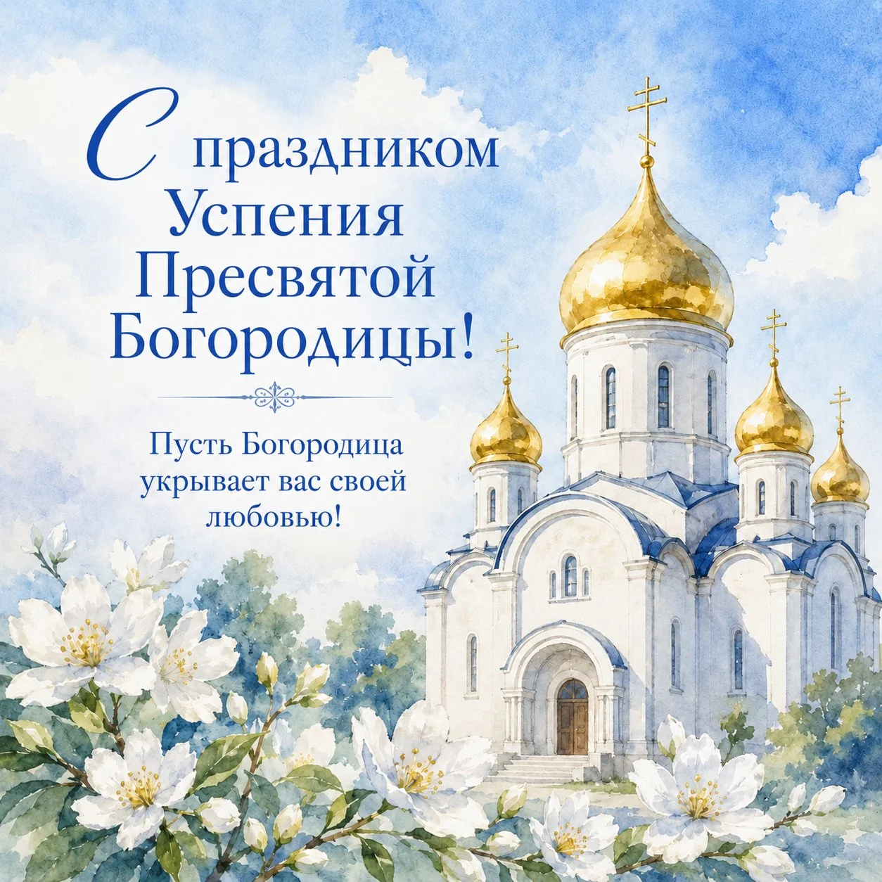 Акварельная открытка с поздравлением с праздником Успения Пресвятой Богородицы
