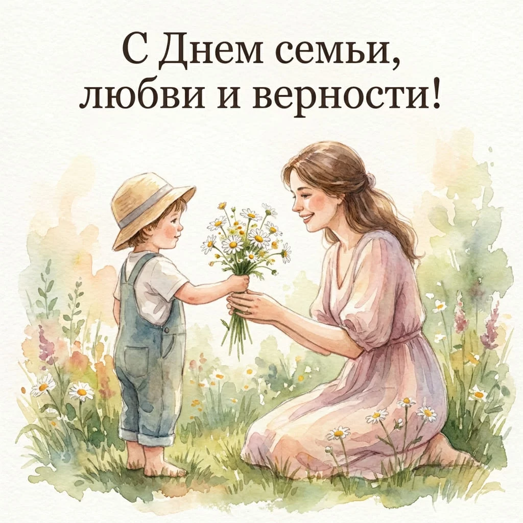 Теплая акварельная открытка с ребенком, дарящим маме букет ромашек, и поздравлением с Днем семьи, любви и верности